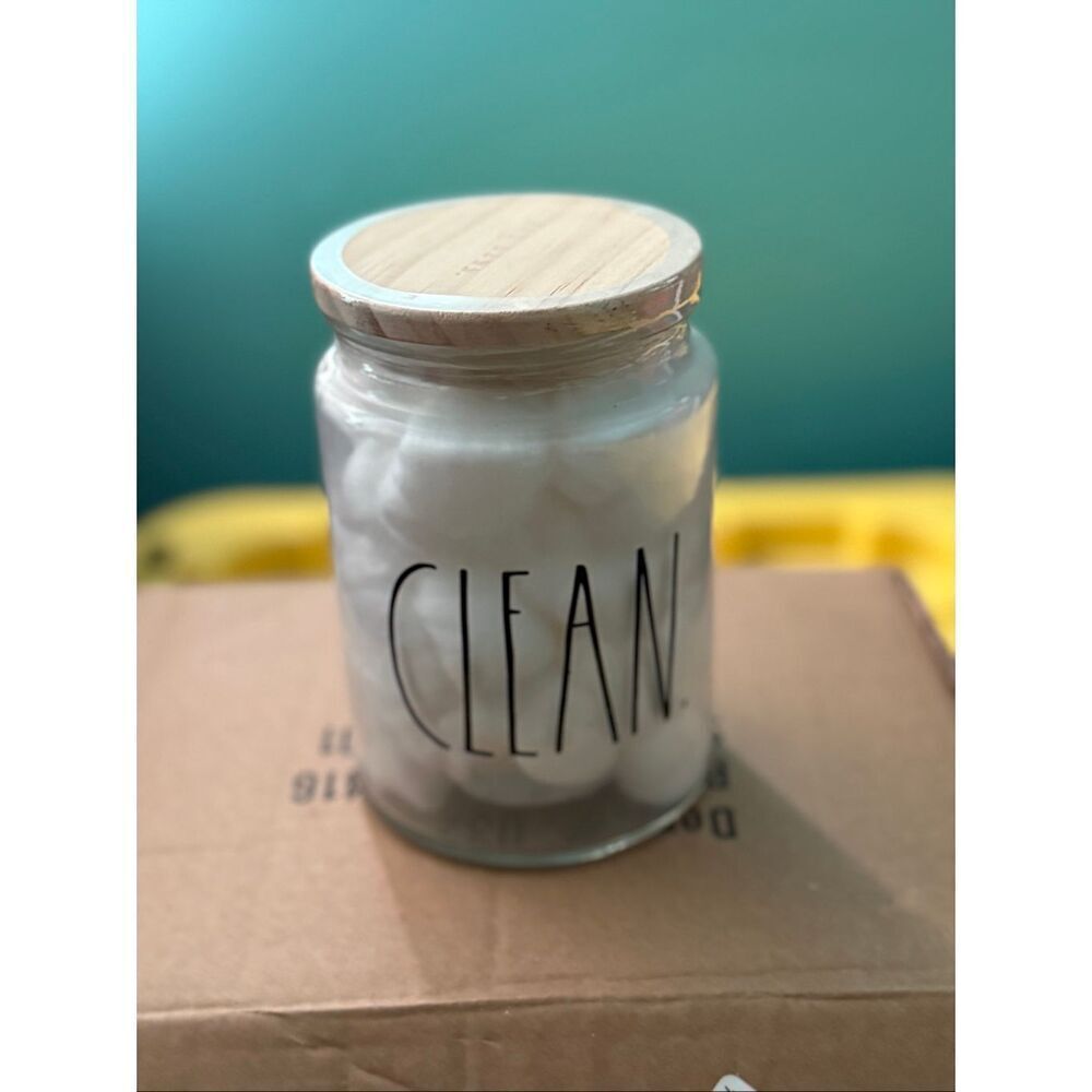 Rae Dunn CLEAN Glass Jar Cotton Ball Holder Container